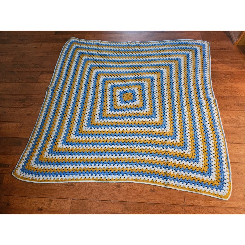 Handmade Crochet Blanket Large Yellow Blue White Granny Square Throw Afghan